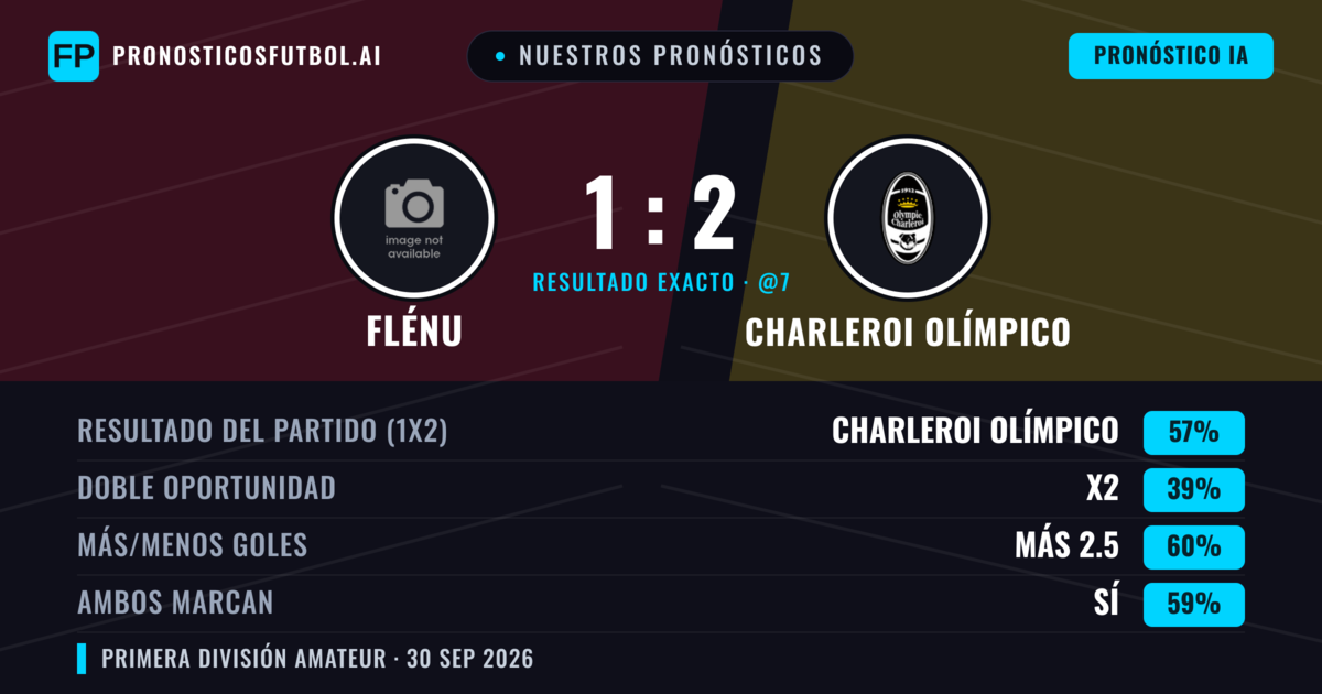 Nuestros pronósticos: Flénu vs Charleroi Olímpico — Charleroi Olímpico — Ganar (56%); Más 2.5; Ambos marcan: Sí